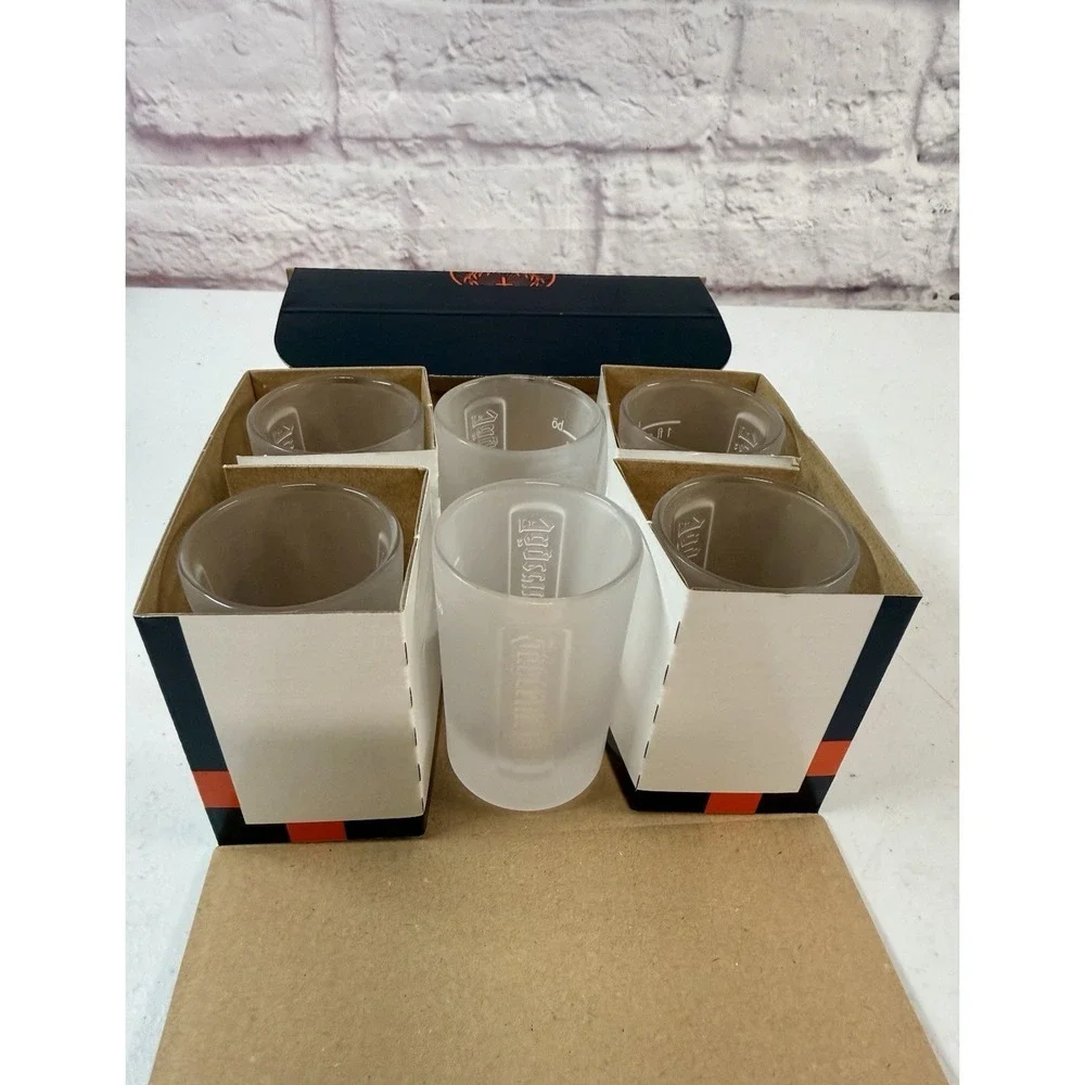 Jägermeister Set of 6 Frosted 1 Ounce Embossed Logo Shot Glasses Jagermeister